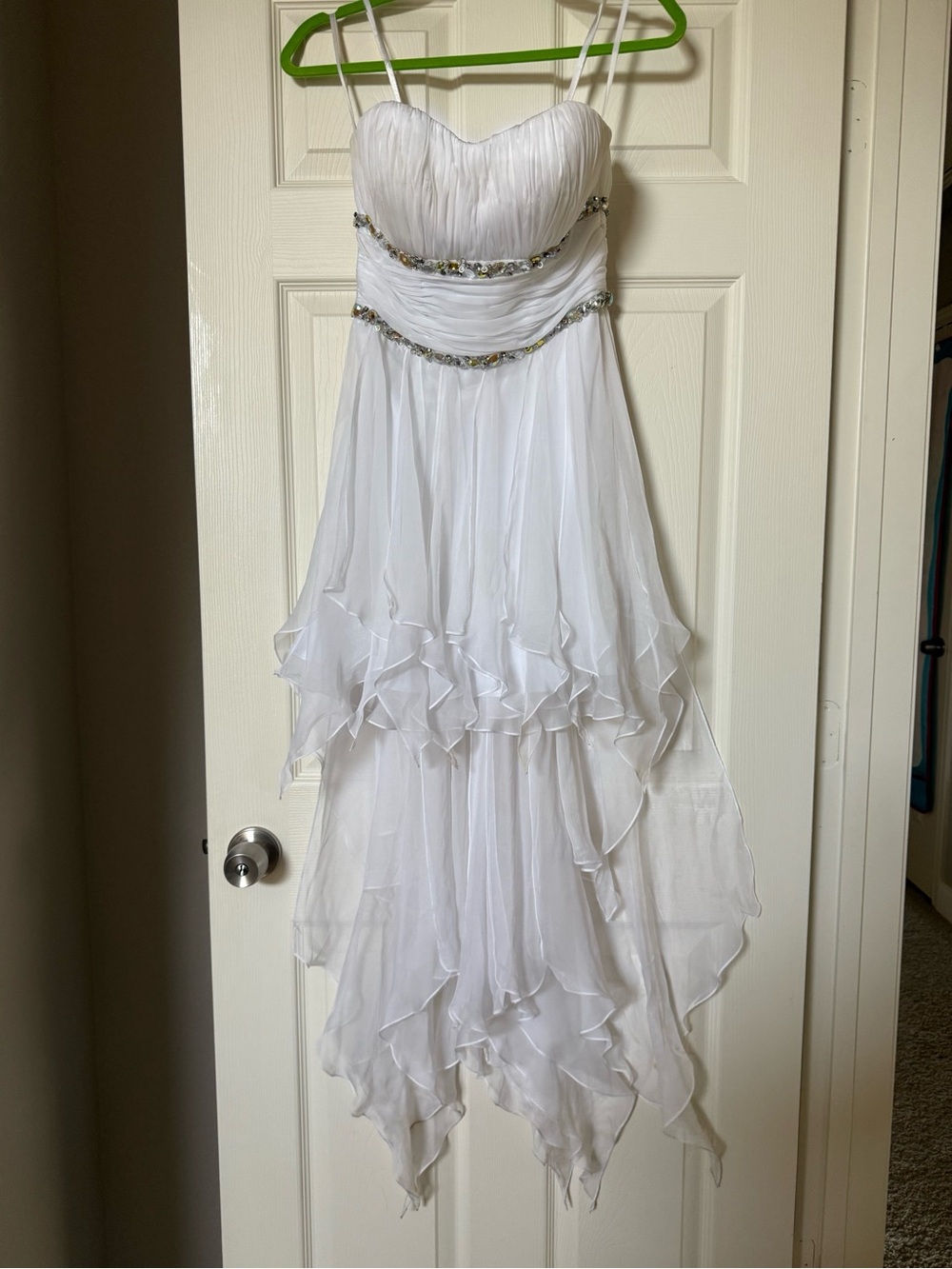 La Femme White Strapless High-Low Ruffle Chiffon Dress
